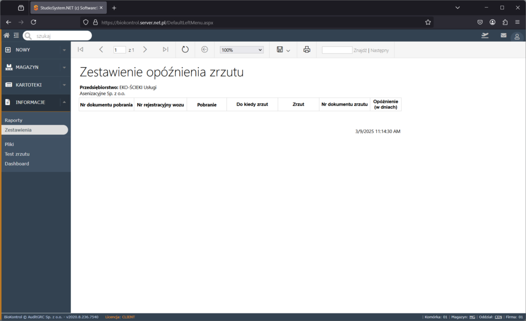 Panel systemu BioKontrol wyświetlający zestawienie opóźnienia zrzutu dla firmy asenizacyjnej EKO-ŚCIEKI.