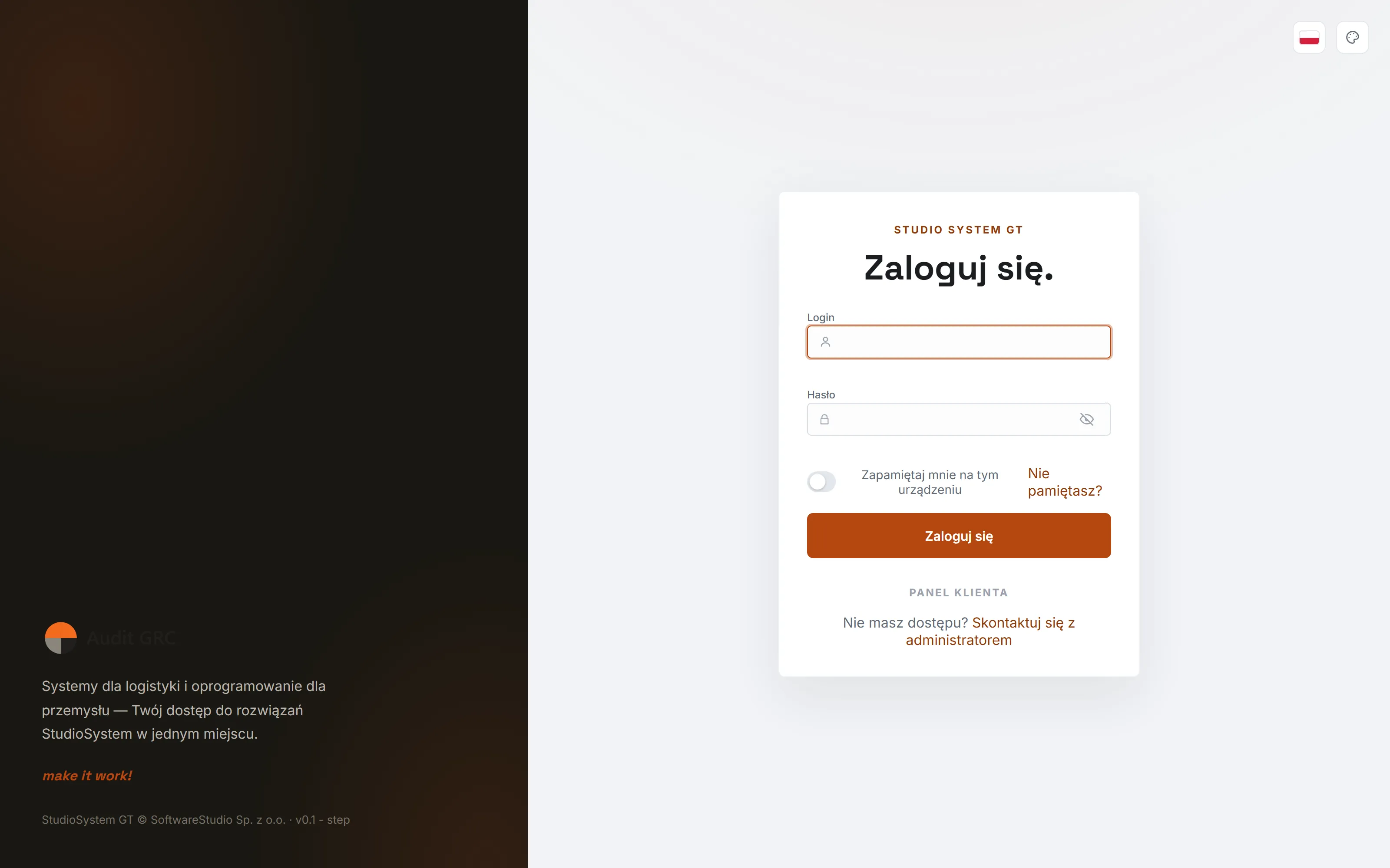 Ekran logowania do BioKontrol z polami Login i Hasło oraz przyciskiem Zaloguj się