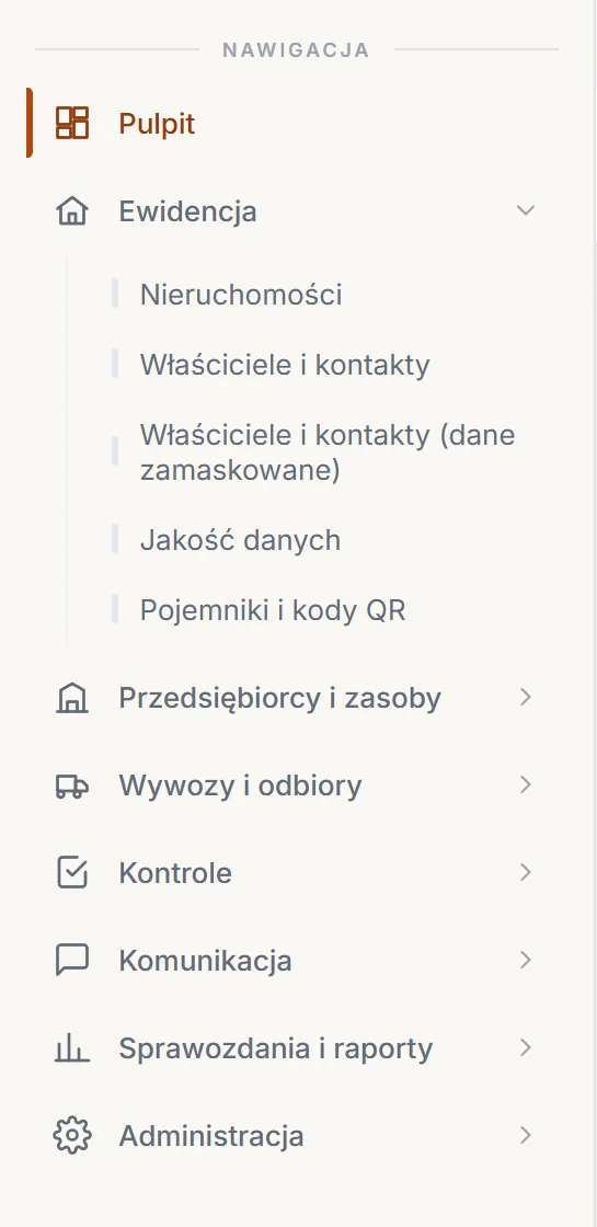 Menu boczne BioKontrol z rozwiniętą grupą Ewidencja i grupami Przedsiębiorcy i zasoby, Wywozy i odbiory, Kontrole, Komunikacja, Sprawozdania i raporty oraz Administracja