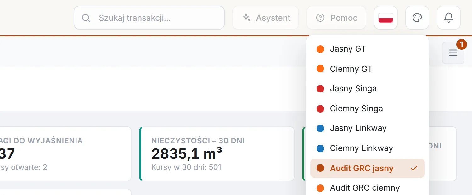 Lista motywów kolorystycznych: Jasny GT, Ciemny GT, Jasny Singa, Ciemny Singa, Jasny Linkway, Ciemny Linkway, Audit GRC jasny i Audit GRC ciemny