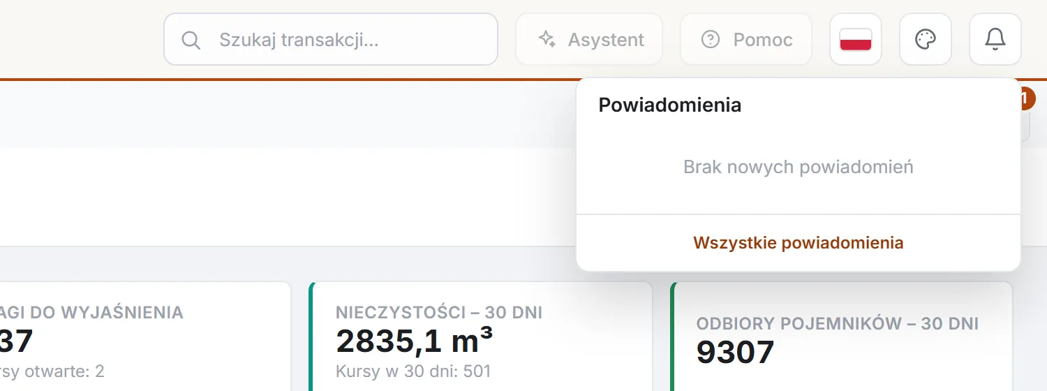 Panel powiadomień z komunikatem o braku nowych powiadomień