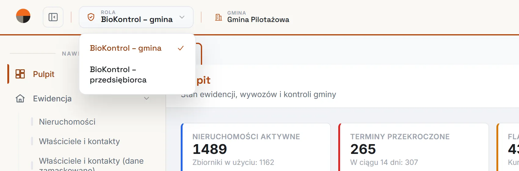 Lista rozwijana Rola z pozycjami BioKontrol – gmina i BioKontrol – przedsiębiorca