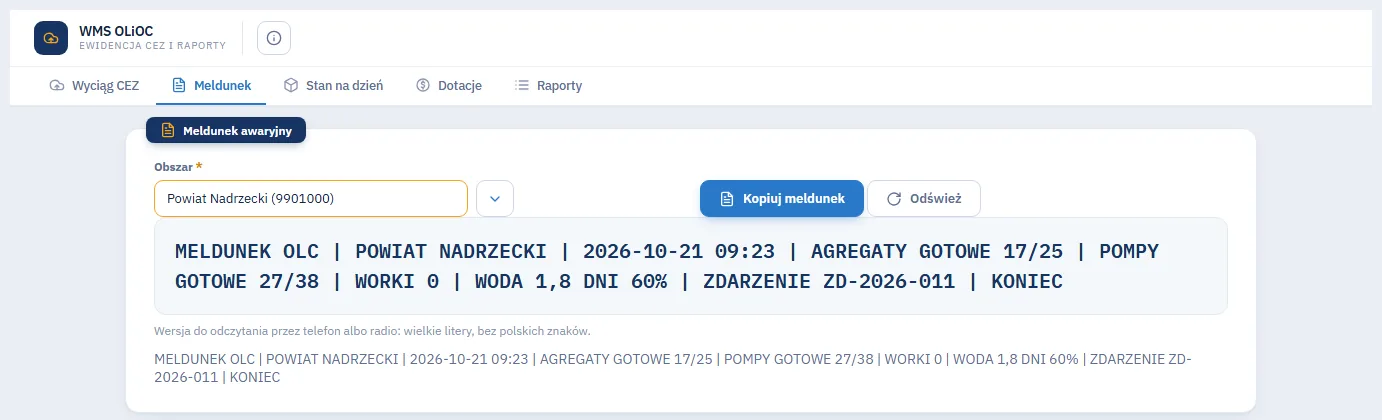 Meldunek awaryjny powiatu zapisany wielkimi literami: agregaty i pompy gotowe, worki, woda na dni, otwarte zdarzenie