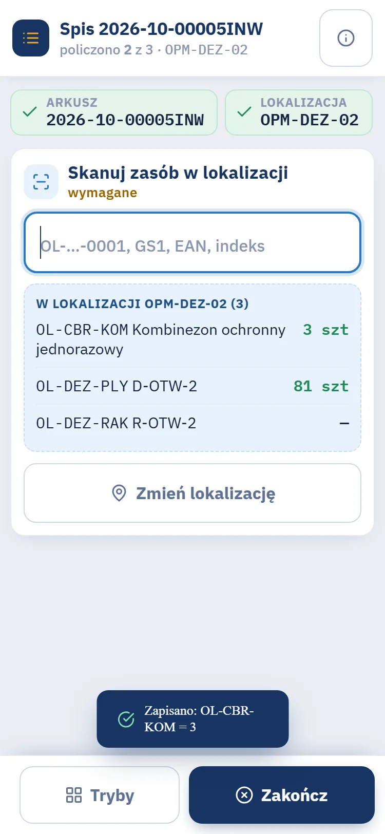 Telefon magazyniera: spis z natury w lokalizacji z listą policzonych zasobów