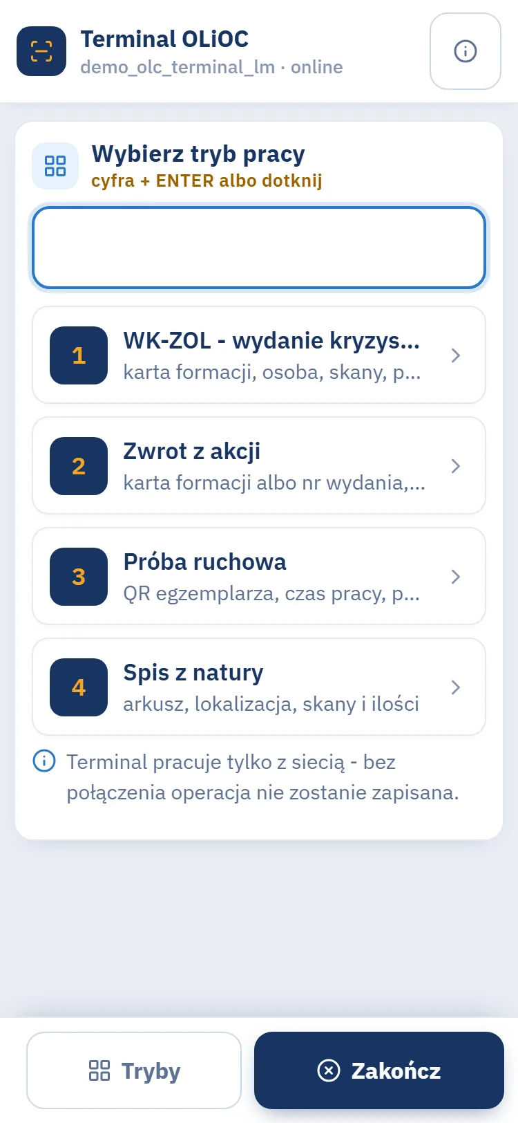 Ekran terminala na telefonie z czterema trybami: WK-ZOL, zwrot z akcji, próba ruchowa i spis z natury