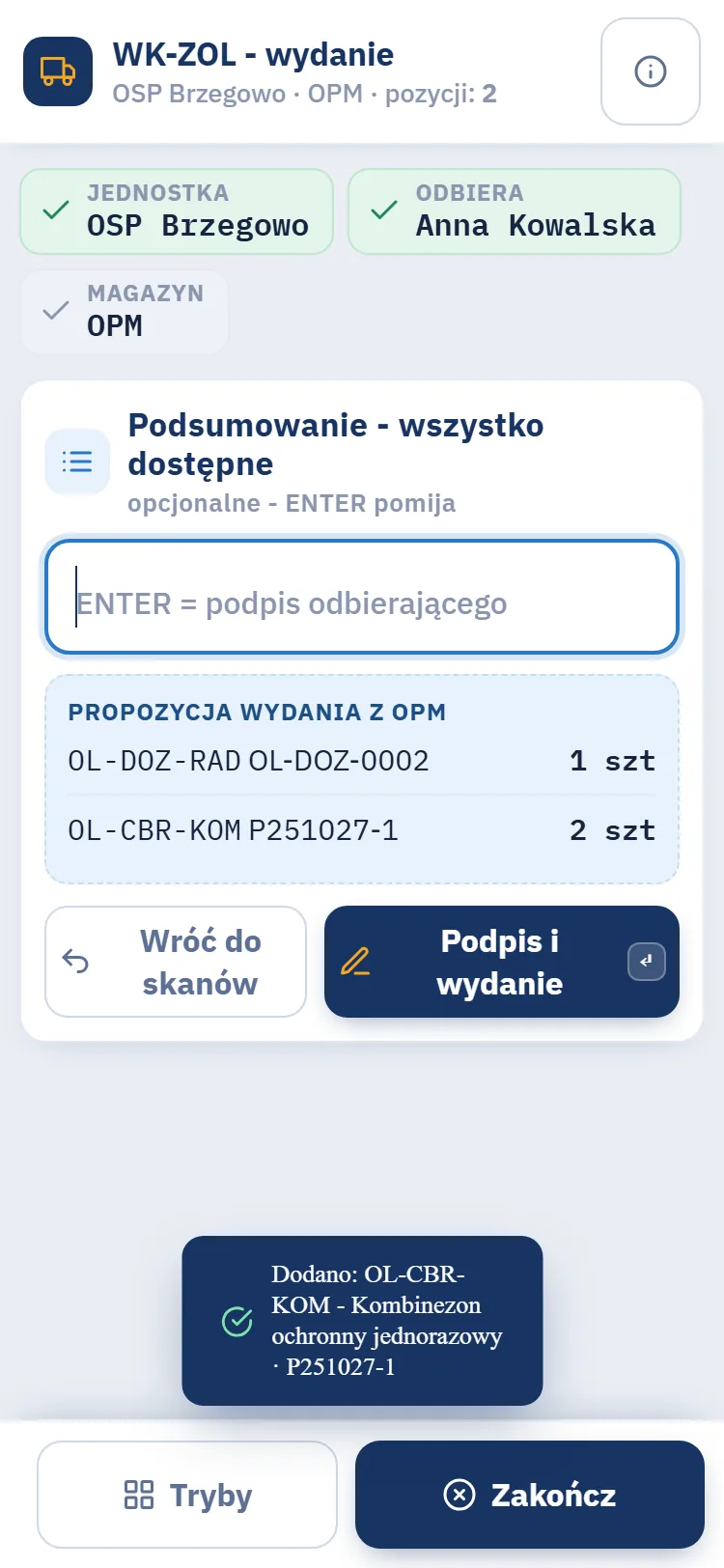 Telefon magazyniera: wydanie kryzysowe dla OSP Brzegowo z propozycją wydania i przyciskiem podpisu