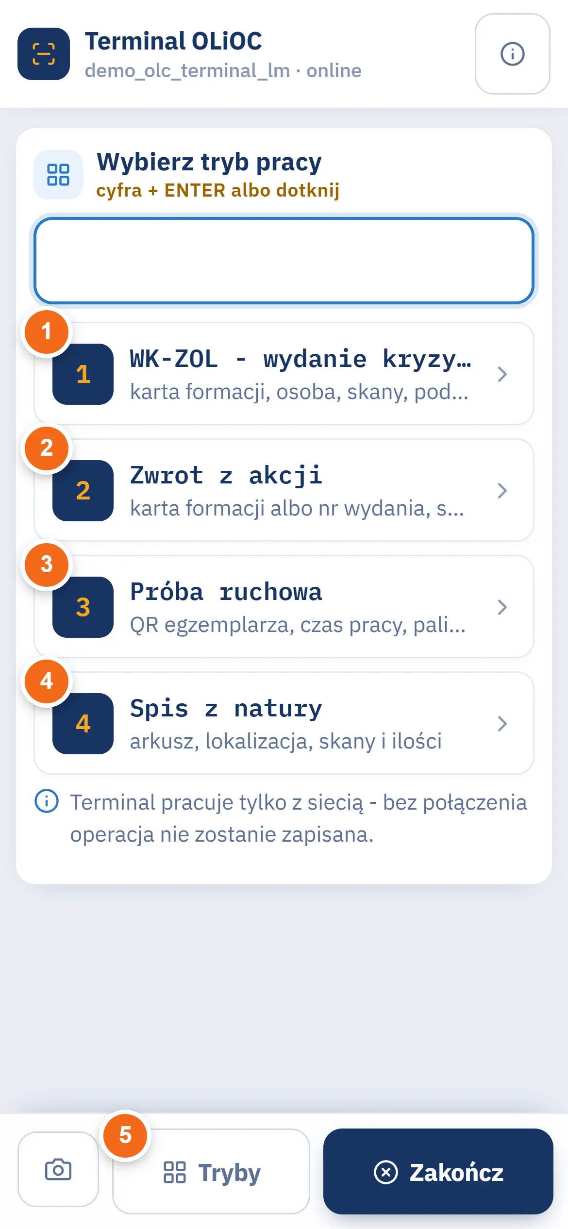 Terminal magazyniera na telefonie: lista czterech trybów pracy - WK-ZOL, zwrot z akcji, próba ruchowa i spis z natury - oraz przyciski Tryby i Zakończ